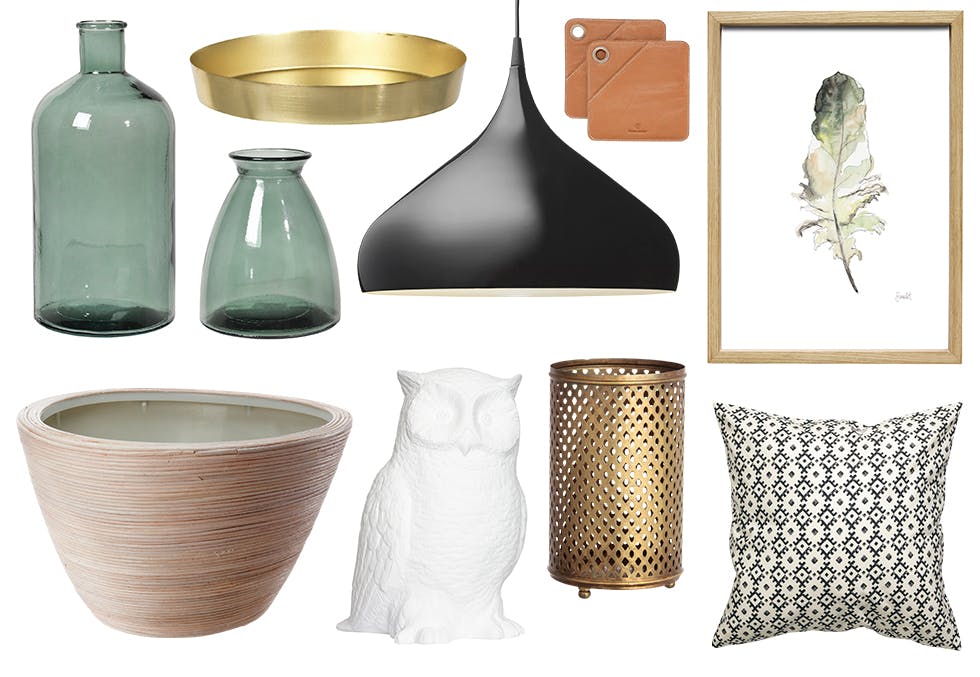 Slik får du Siljes stil! Vaser, Ø 17 cm, H 20 cm, 204 kr, og Ø 13 cm, H 28 cm, 222 kr, Broste Copenhagen. Brett, Ø 13 cm, 111 kr, Broste Copenhagen. Taklampe, Ø 40 cm, H 34 cm, 2895 kr, &Tradition. Grytelapper i skinn, 20,5 x 20,5 cm, 299 kr, House Doctor. Bilde med ramme, 35 x 50 cm, 449 kr, Hübsch.
Blomsterpotte, Ø 51 x H 33 cm, 295 kr, Ikea. Ugle i keramikk, H 26 cm, 349 kr, Hübsch. Lykt, Ø 9 cm, H 15 cm, 99 kr, H&M home. Putetrekk, 50 x 50 cm, 49,90 kr, H&M home.